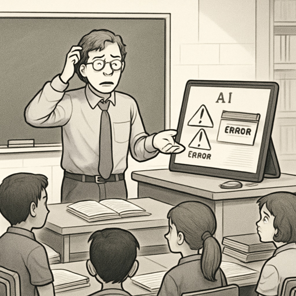 A classroom scenario where a teacher faces difficulties using AI tools due to technical issues, symbolizing the challenges of adapting to new technology. Teacher struggling with AI tools in the classroom, highlighting challenges of technology.