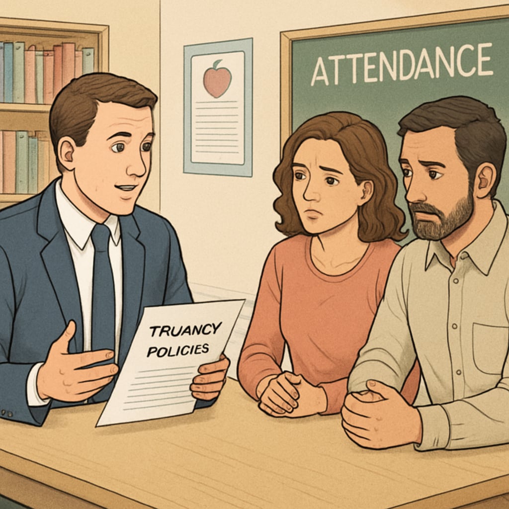 A school attendance officer discussing truancy policies with concerned parents in an educational setting. School attendance officer explaining policies to parents, addressing truancy concerns.