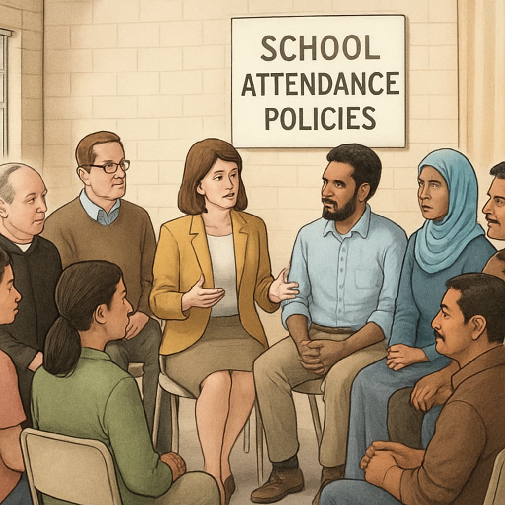 A community meeting between educators, parents, and religious leaders discussing school attendance policies. Community leaders and parents discussing school attendance rules at a meeting.