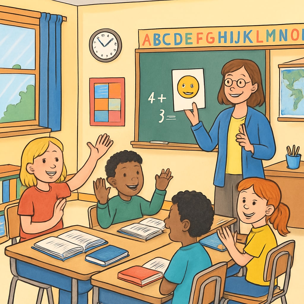 A bright, modern elementary school classroom with students and a teacher engaging in a group activity. Modern classroom with engaged students and a teacher, representing public elementary education.