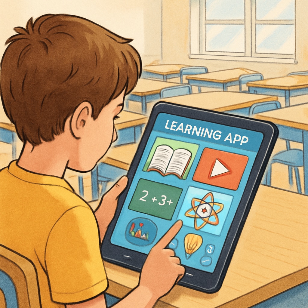 A student using an interactive learning app on a tablet in a brightly lit classroom. The app interface shows colorful visuals and interactive icons. Student engaging with interactive learning app Gurwi for K12 education