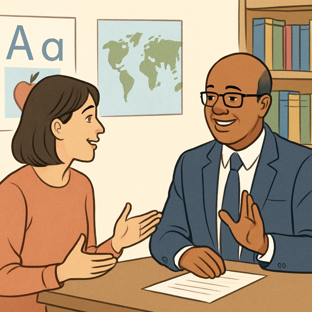 A parent talking to a friendly school principal in an office setting, with educational posters in the background. Parent meeting school principal, symbolizing the importance of school visits in evaluations.