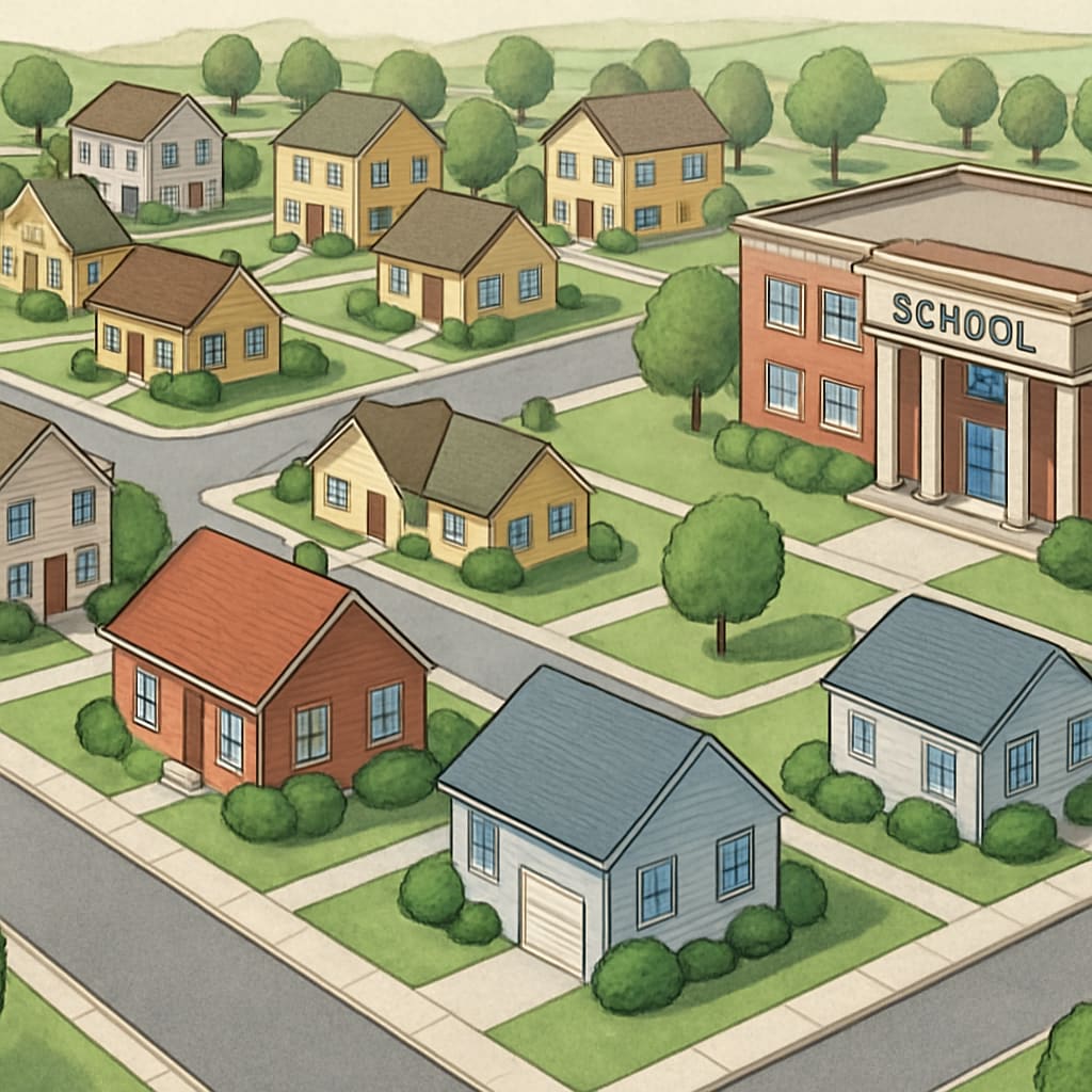 A suburban neighborhood with attractive homes near a school, representing the relationship between housing and school districts. Suburban homes near a school, highlighting school district rankings and housing choices.