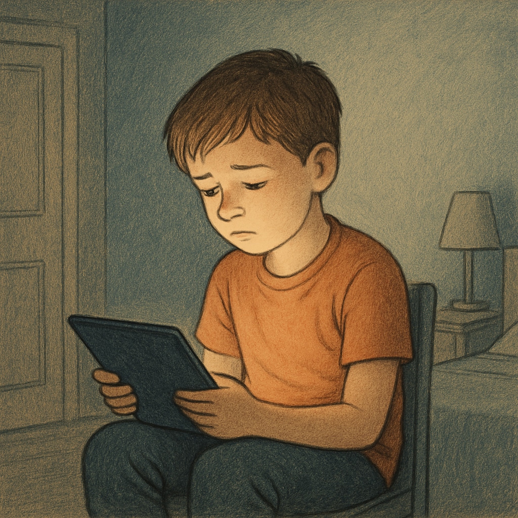 A child sitting alone in a dark room, illuminated by a tablet screen, representing technology addiction and social isolation. A child experiencing social isolation due to technology addiction.