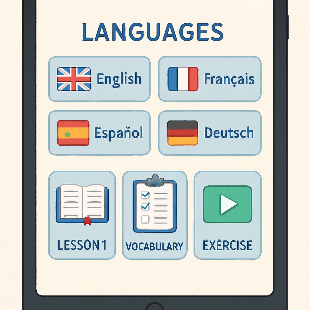 A tablet screen displaying Gurwi's multilingual interface, featuring language selection options and interactive lesson modules. Multilingual support in Gurwi’s interactive learning app