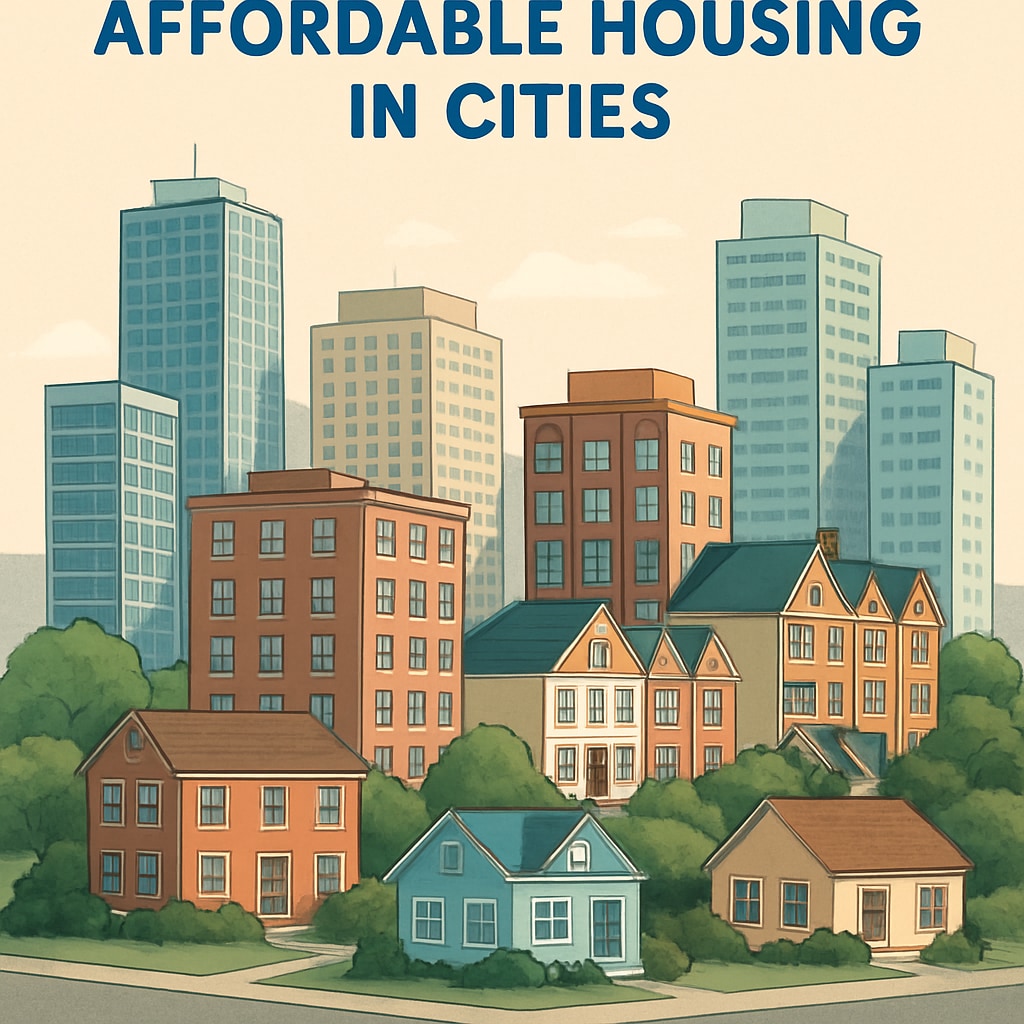 A city skyline with diverse housing options, illustrating the challenges of finding affordable homes in metropolitan areas. City skyline with housing options, showing the balance between school districts and metropolitan living.