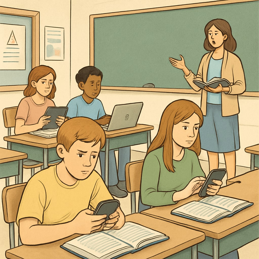 A classroom setting where students are distracted by multiple electronic devices, illustrating reduced attention spans and multitasking challenges. Students distracted by electronic devices in a classroom.