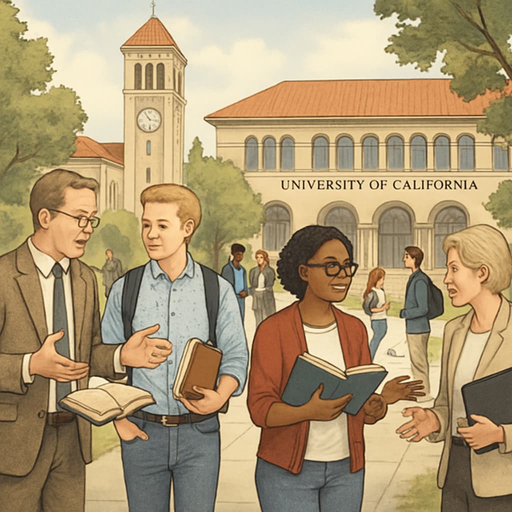 A bustling University of California campus with faculty and students engaging in discussions, representing academic collaboration. University of California campus with employees and students in discussion.
