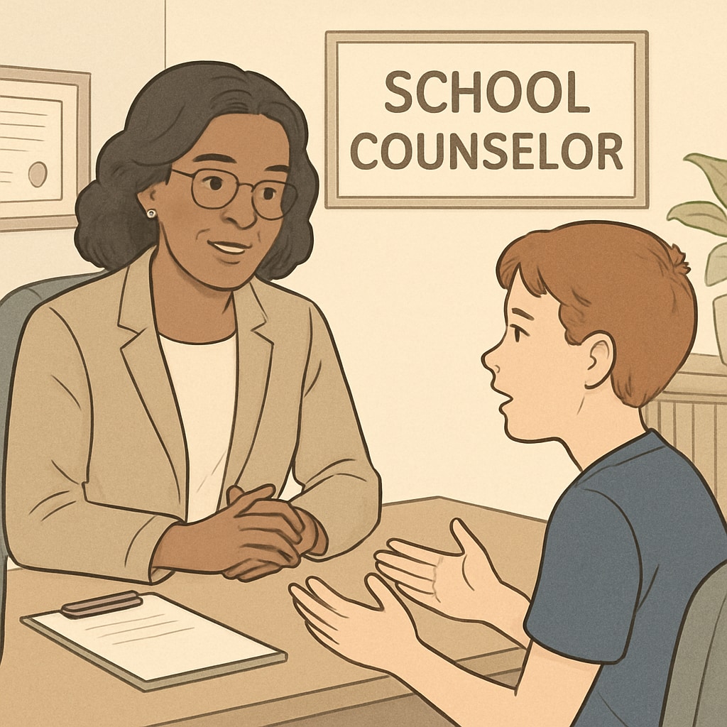 A professional school counselor talking to a student in an office setting. The image showcases the supportive role of counselors in education. School counselor helping a student, showcasing non-teaching education careers
