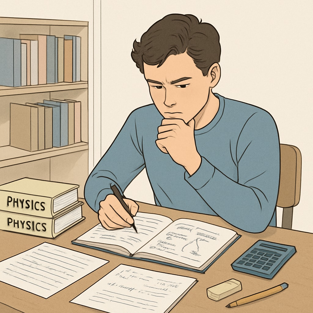 A student sitting at a desk surrounded by physics textbooks and notes, focusing intently on clearing backlogs. Student clearing BSc Physics backlogs with notes and textbooks.