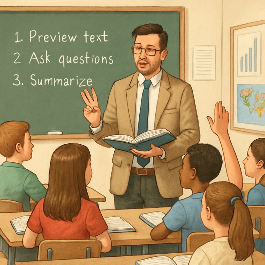 A teacher in a K12 classroom applying strategies derived from academic insights, showcasing practical application of research. K12 teacher using academic insights in classroom teaching.