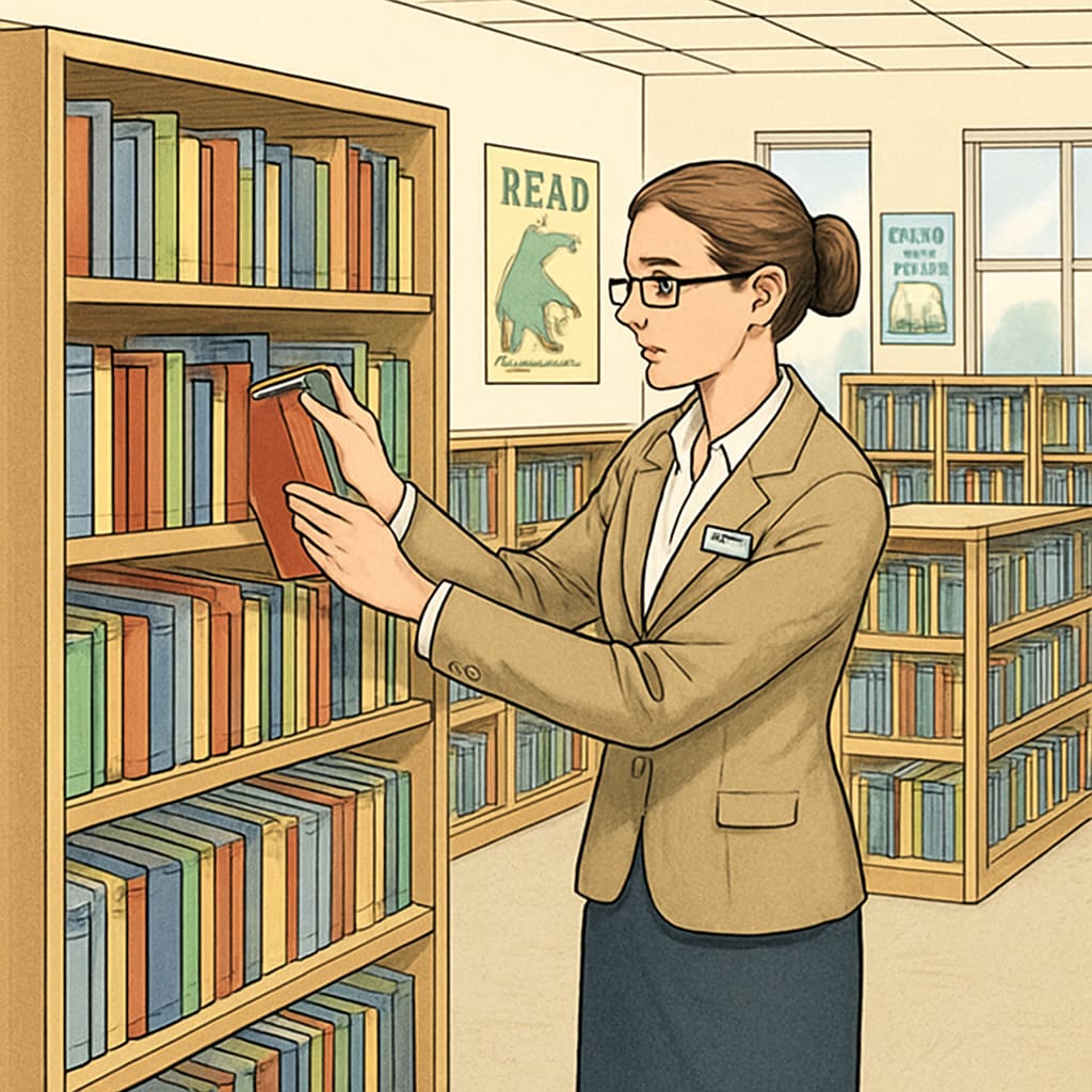 A librarian organizing books in a school library. The image highlights the importance of librarianship in the education system. School librarian arranging books, emphasizing non-teaching roles in schools