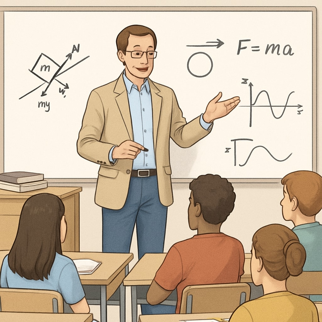 A physics teacher explaining a concept on a whiteboard to a group of attentive students. Physics teacher aiding conceptual understanding in students.