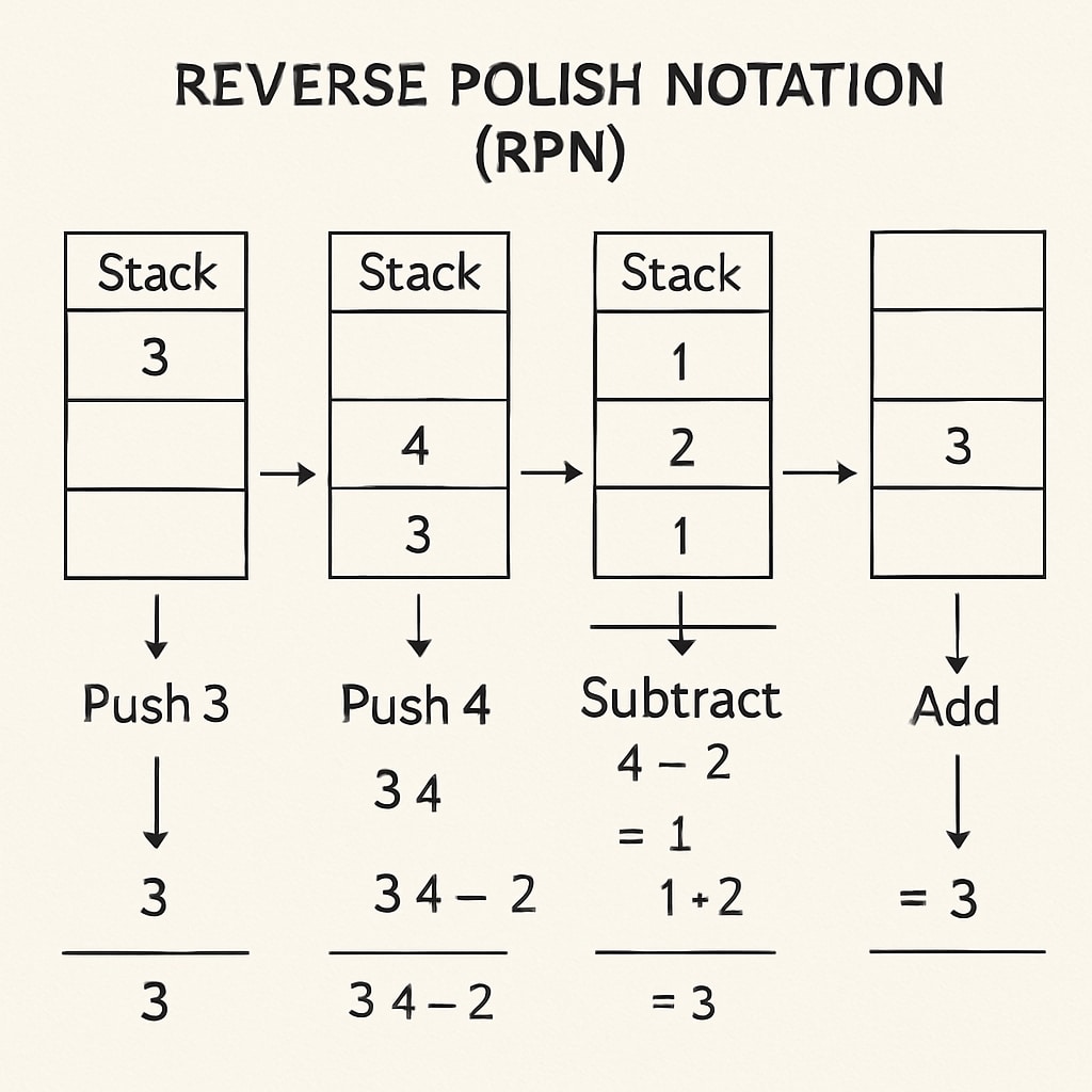 A technical illustration of how Reverse Polish Notation works, showing a stack-based calculation process. Reverse Polish Notation calculator process showing stack-based computation.