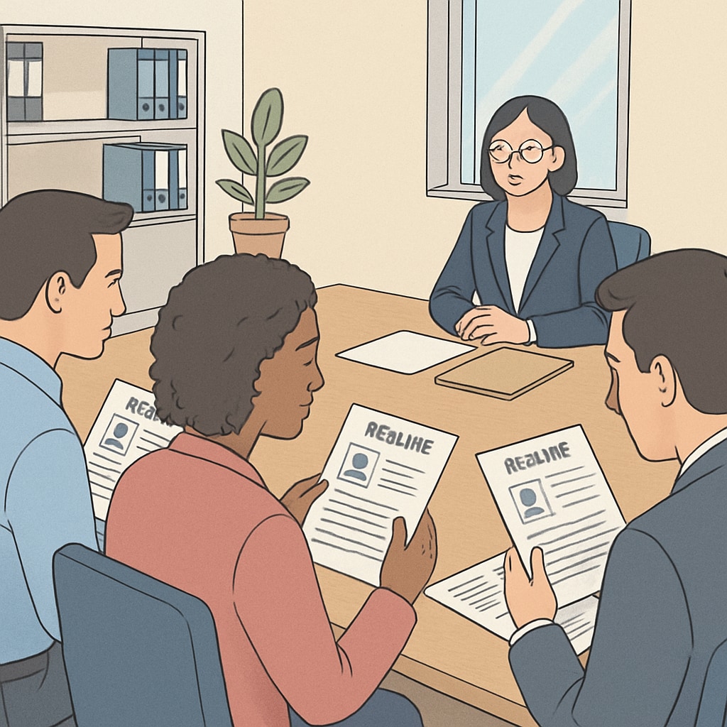 A professional setting where job applicants review their resumes during a hiring process. Job applicants in a professional setting, reviewing resumes, highlighting the issue of education requirements.