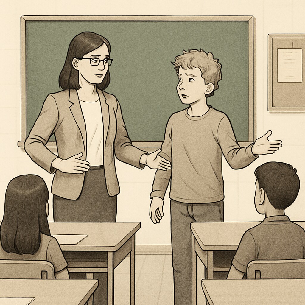 A teacher calmly addressing a disruptive student in a classroom setting. The image illustrates the importance of maintaining a balanced and supportive approach to discipline. Teacher addressing disruptive student in a classroom for behavior correction.