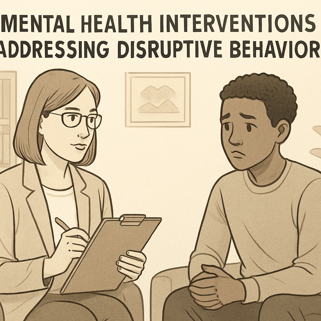 A school counselor working with a student in a quiet, supportive setting. The image highlights the role of mental health interventions in addressing disruptive behaviors. School counselor providing mental health support to a student.