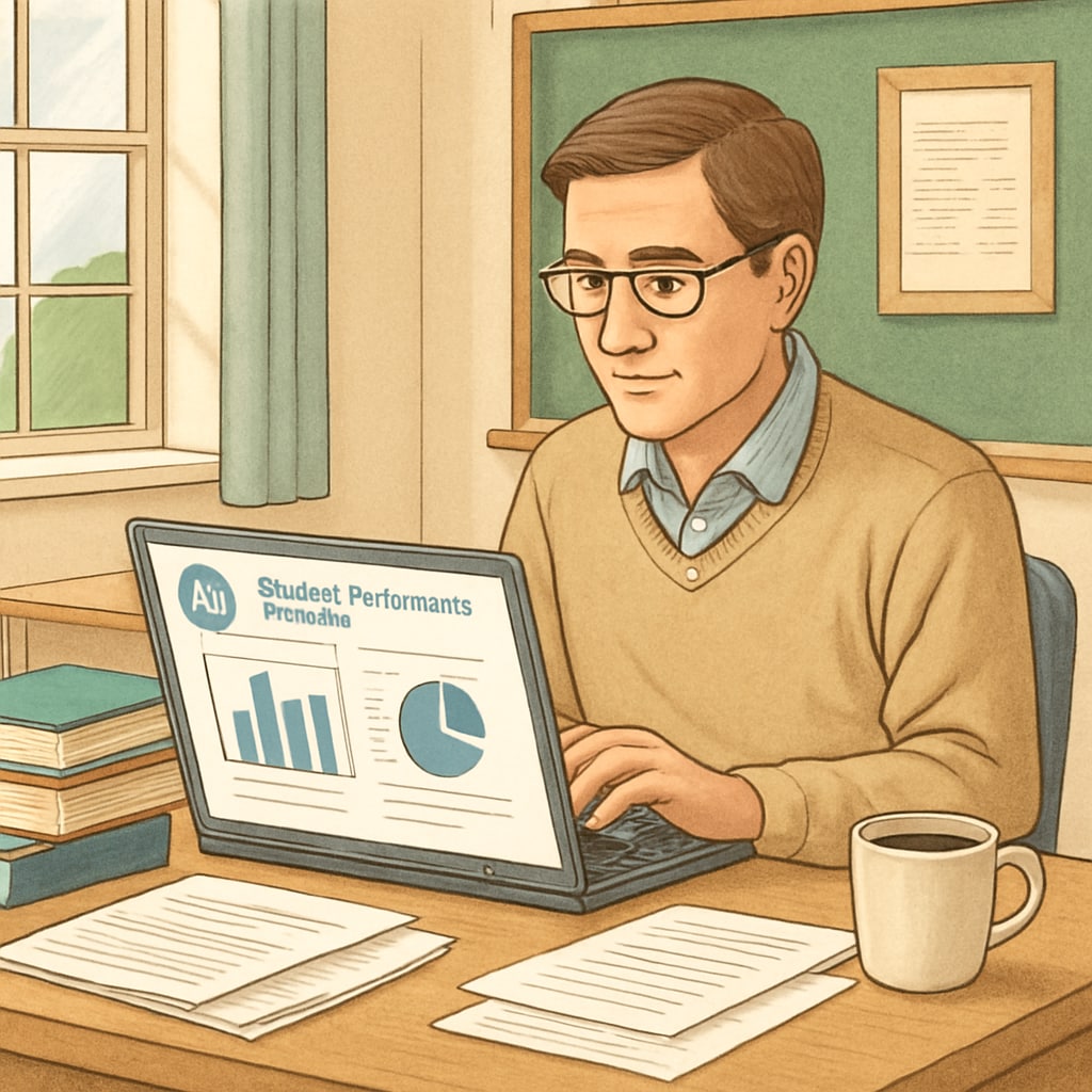 A teacher reviewing AI-generated student performance reports on a laptop, illustrating the role of AI in automating administrative tasks. AI-generated student performance reports being reviewed by a teacher.