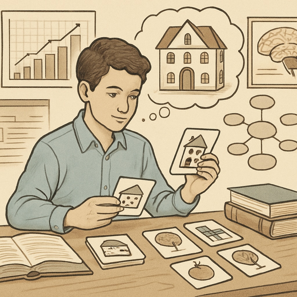 A student creating a memory palace using visual aids and flashcards to improve information recall. Student practicing memory techniques with flashcards and visual aids for better learning retention.