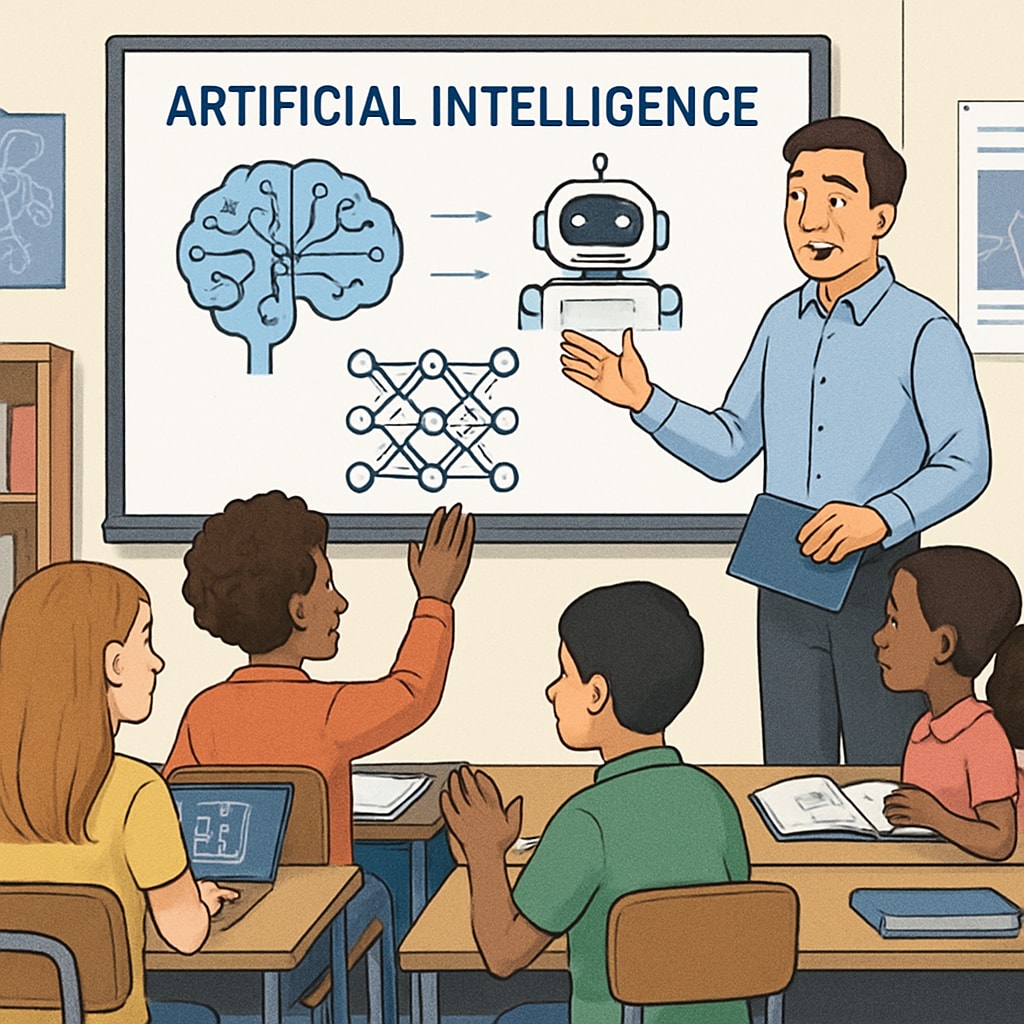 A classroom with students learning about artificial intelligence, symbolizing AI integration in education. Students in a classroom learning about artificial intelligence concepts.