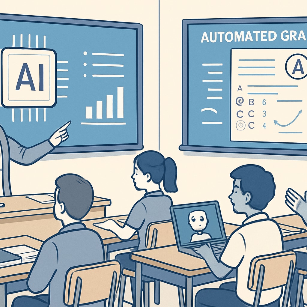 A classroom equipped with AI tools, showcasing how technology can facilitate interactive learning and reduce teacher workload. A classroom using AI tools for interactive learning.