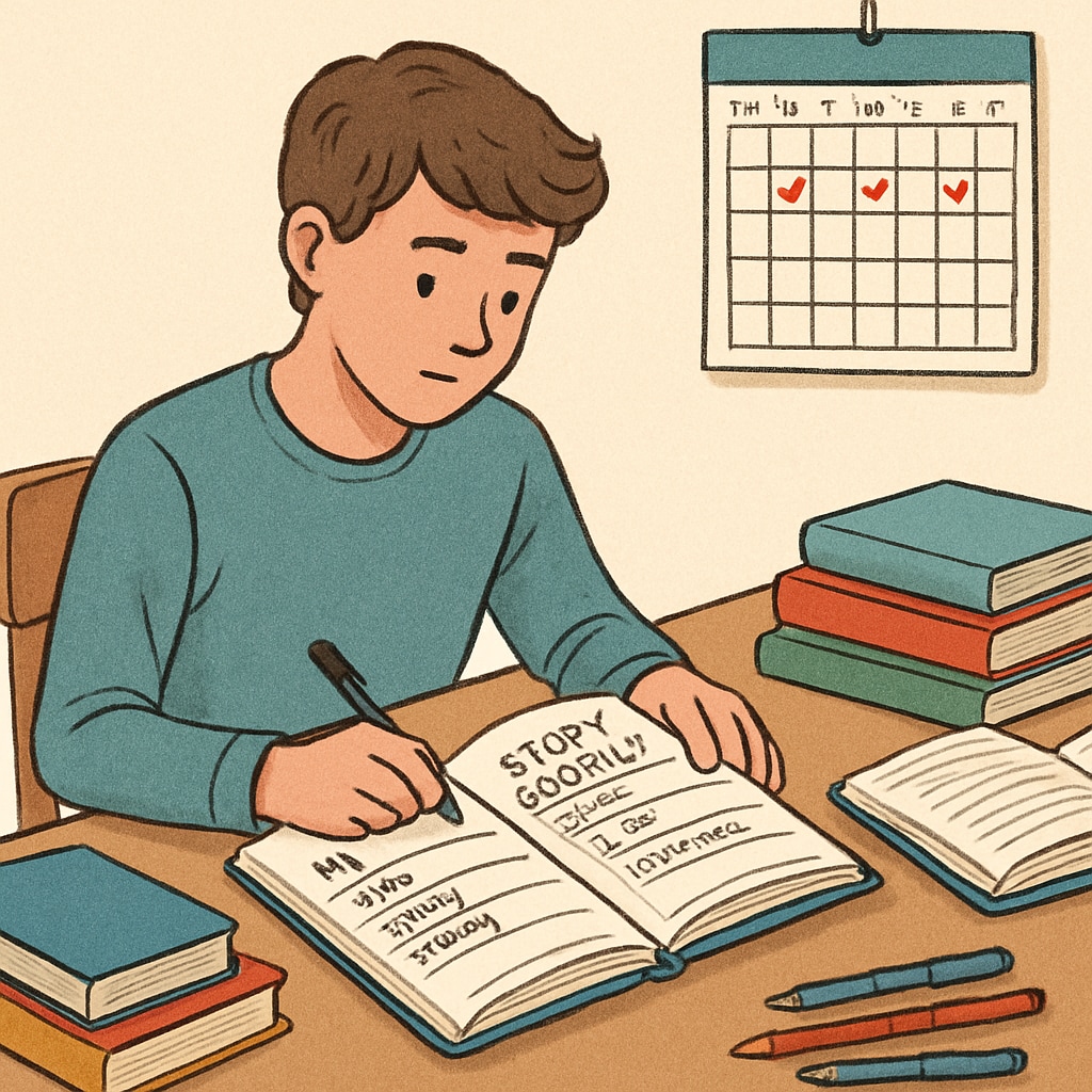 A teenage student using a planner to organize study schedules and manage homework deadlines effectively. Teen organizing study plans in a planner, focusing on time management techniques for academic success.