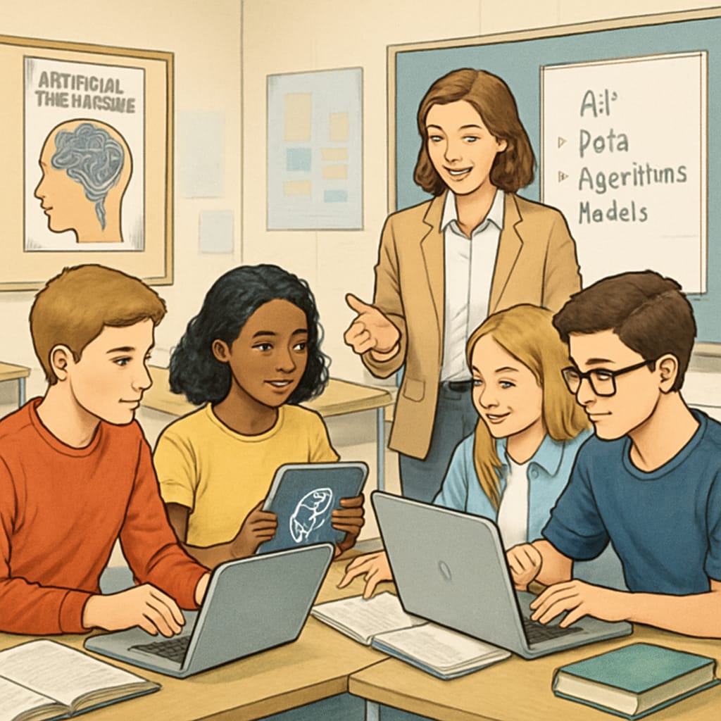 A high school classroom where students are engaged in a collaborative AI-focused project. High school students working on a collaborative project related to artificial intelligence.