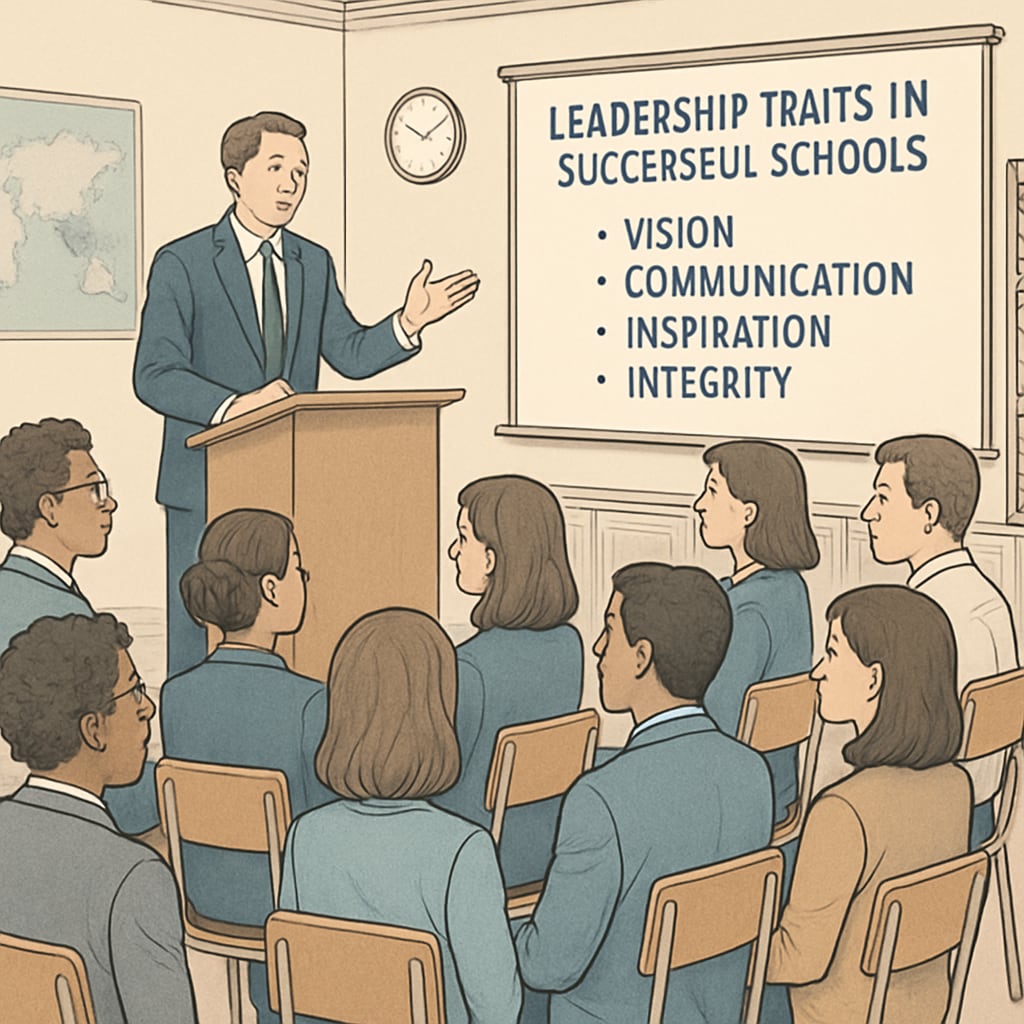 A principal addressing teachers during a professional development session, emphasizing leadership traits in successful schools. Principal discussing vision and goals with teachers, representing leadership in K12 schools.