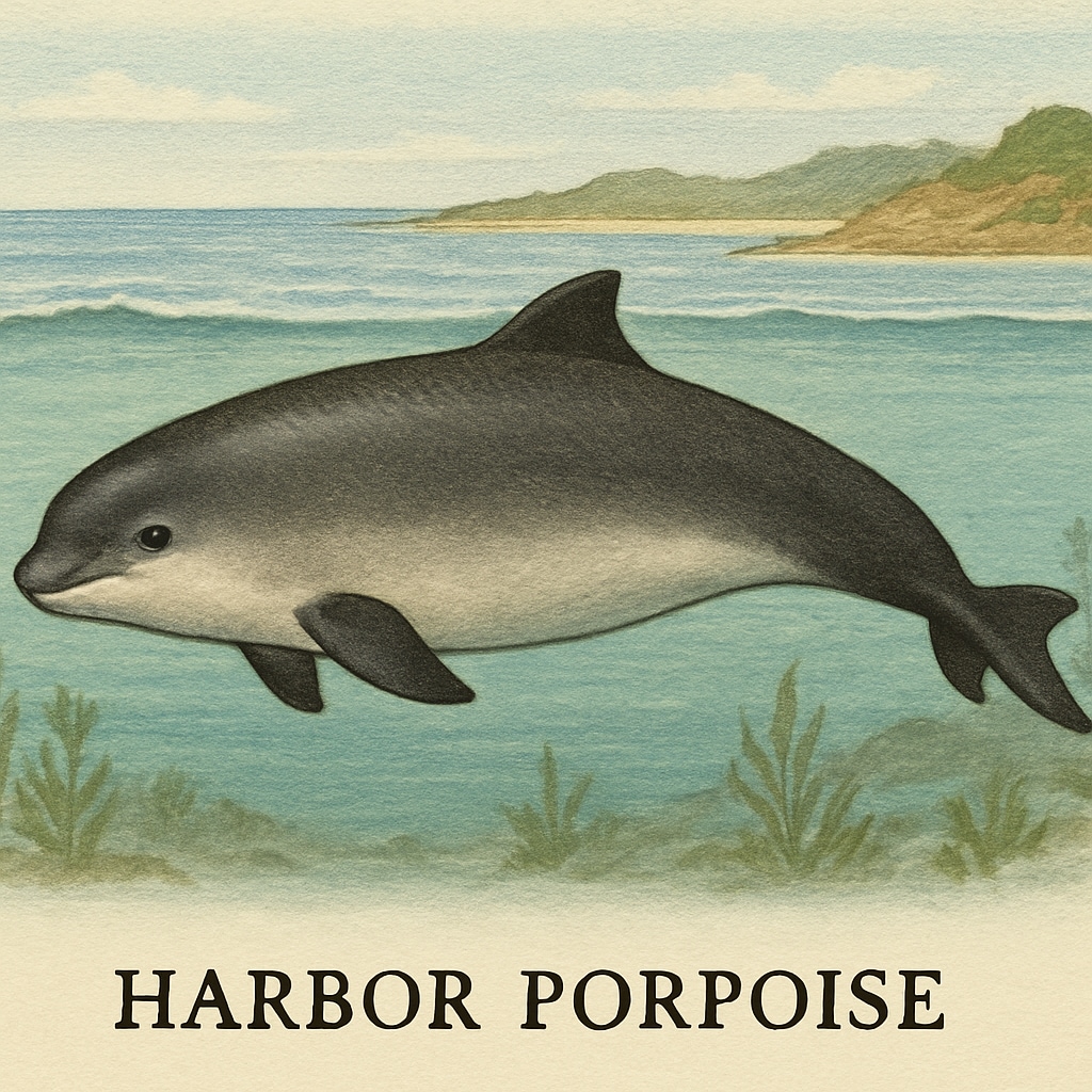 A harbor porpoise swimming in its natural habitat near the coast, highlighting its robust body and rounded head. Harbor porpoise in coastal waters, a key species in marine ecosystems.