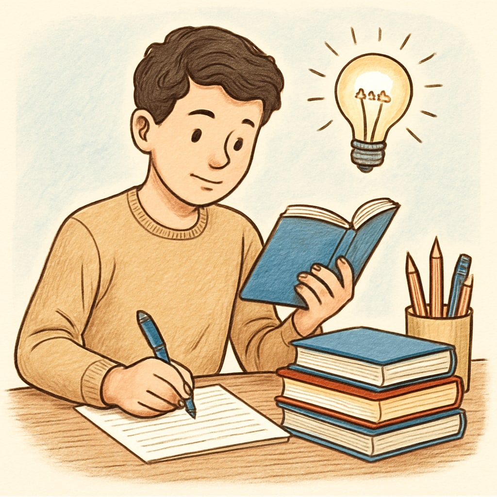A student holding an open book while taking notes, symbolizing active recall and learning efficiency. A student using an open book for active recall, a key learning method.