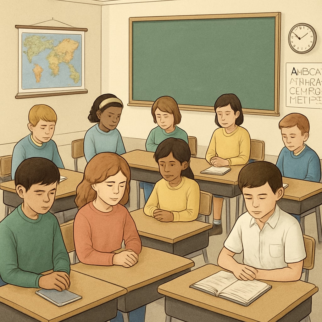 A moment of silence observed in a school classroom, with students bowing their heads in quiet reflection. Students observing a moment of silence in a classroom to reflect on global conflicts.