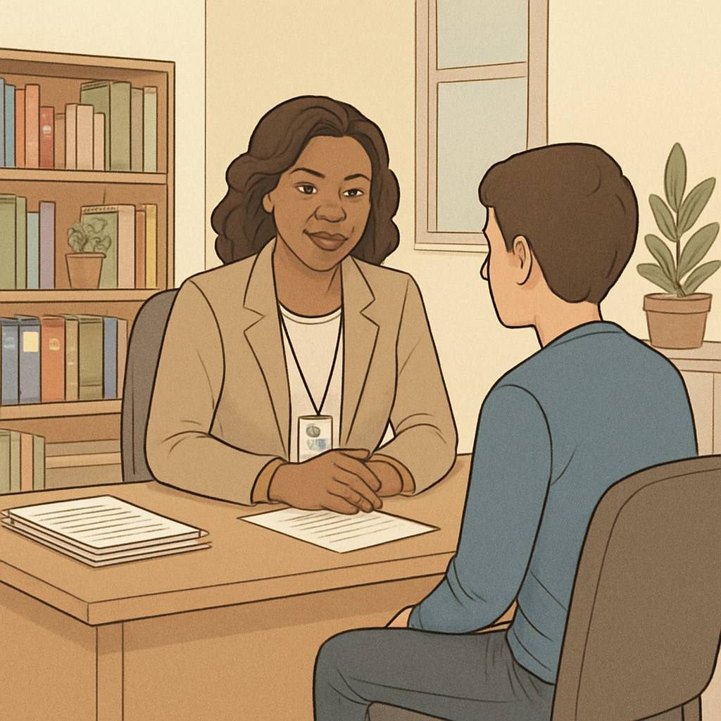 A school counselor providing guidance to a student in a private setting, demonstrating support systems in successful schools. Counselor assisting a student, symbolizing comprehensive support in K12 education.