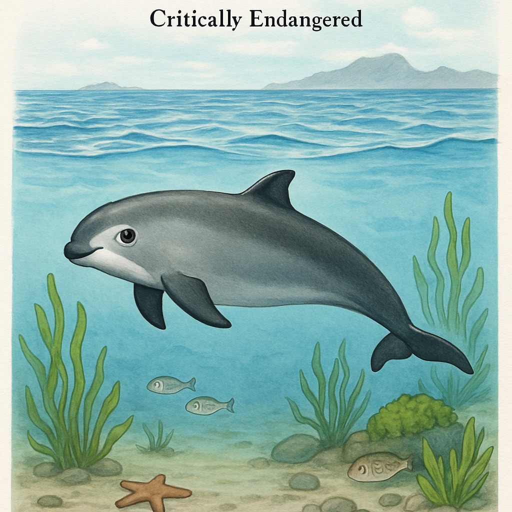 The critically endangered Vaquita porpoise in the Gulf of California, showcasing its unique habitat and conservation challenges. Vaquita porpoise in the Gulf of California, illustrating its endangered status.