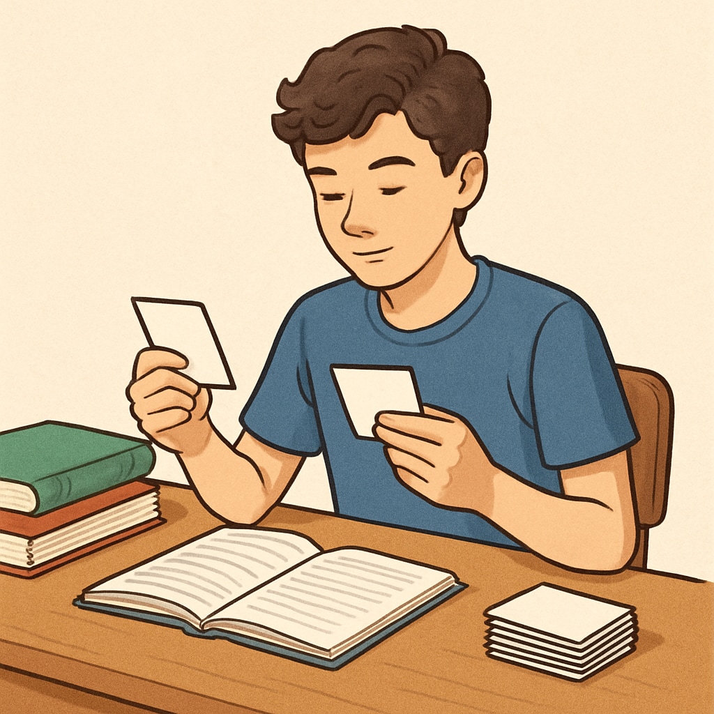 A teen practicing spaced repetition with flashcards, illustrating effective memory techniques. Teen practicing spaced repetition with flashcards for memory improvement.