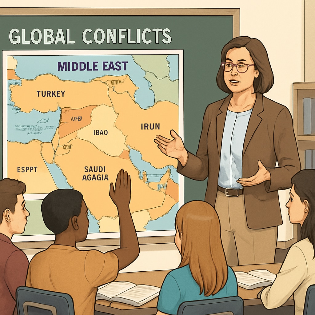 A teacher leading a classroom discussion on global conflicts, with a map of the Middle East displayed. Teacher leading a discussion on global conflicts, including Gaza, in a classroom.