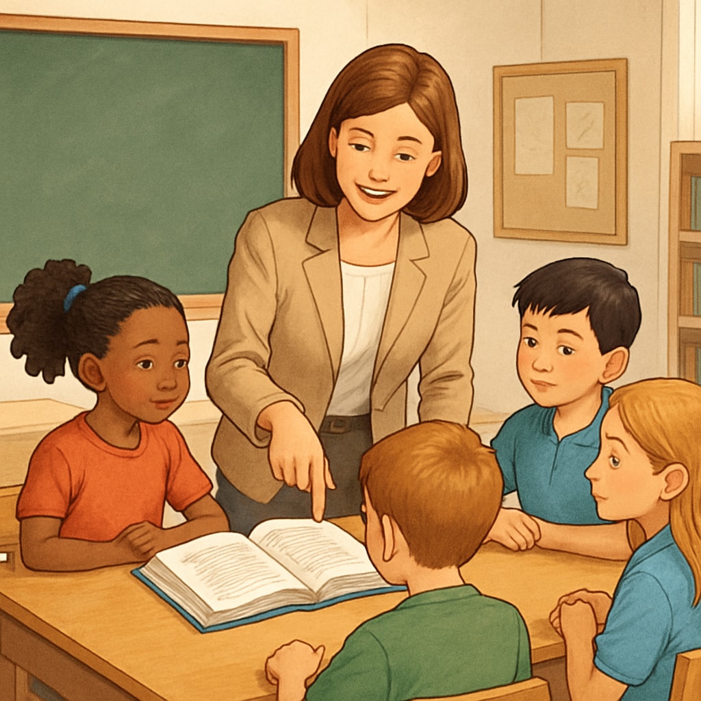 Students and a teacher participating in an elementary ELA reading activity.