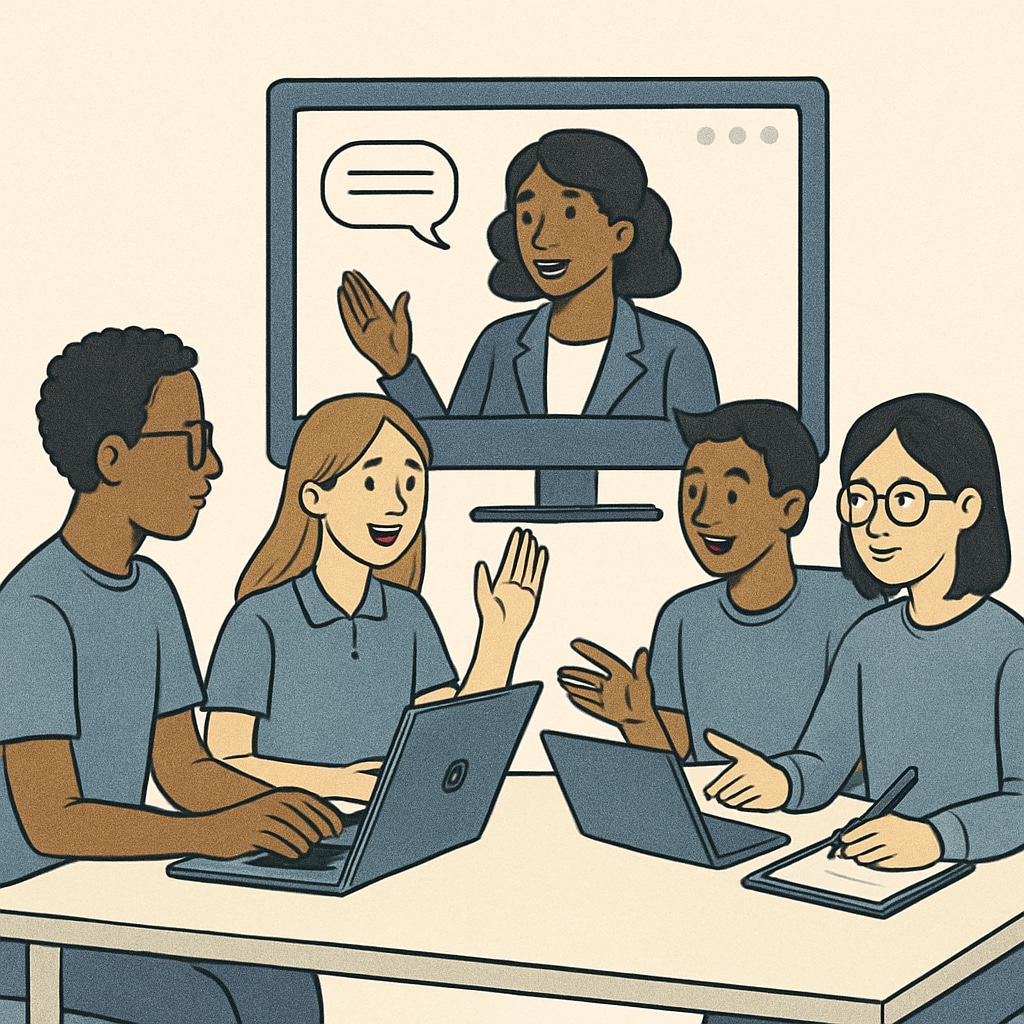 A group of students engaging in an online class discussion, representing collaboration in the Khan World School program. Students participating in an online class discussion in the Khan World School program.