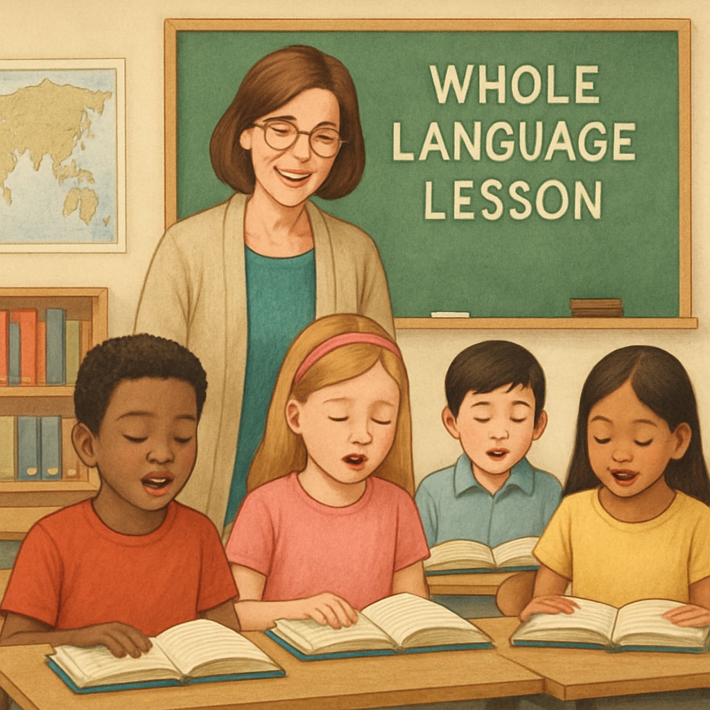 A classroom of young students reading aloud, with a teacher guiding them through a whole language lesson. Students engaging in a whole language reading activity with their teacher.