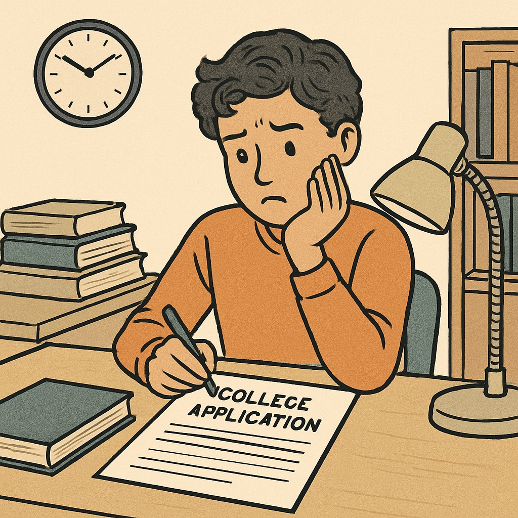 A student nervously reviewing their college application, symbolizing the importance of honesty in the application process. A student reviewing a college application, emphasizing the risks of dishonesty.