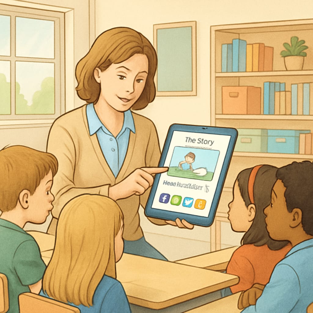 Teacher showcasing an interactive reading app during an ELA lesson.