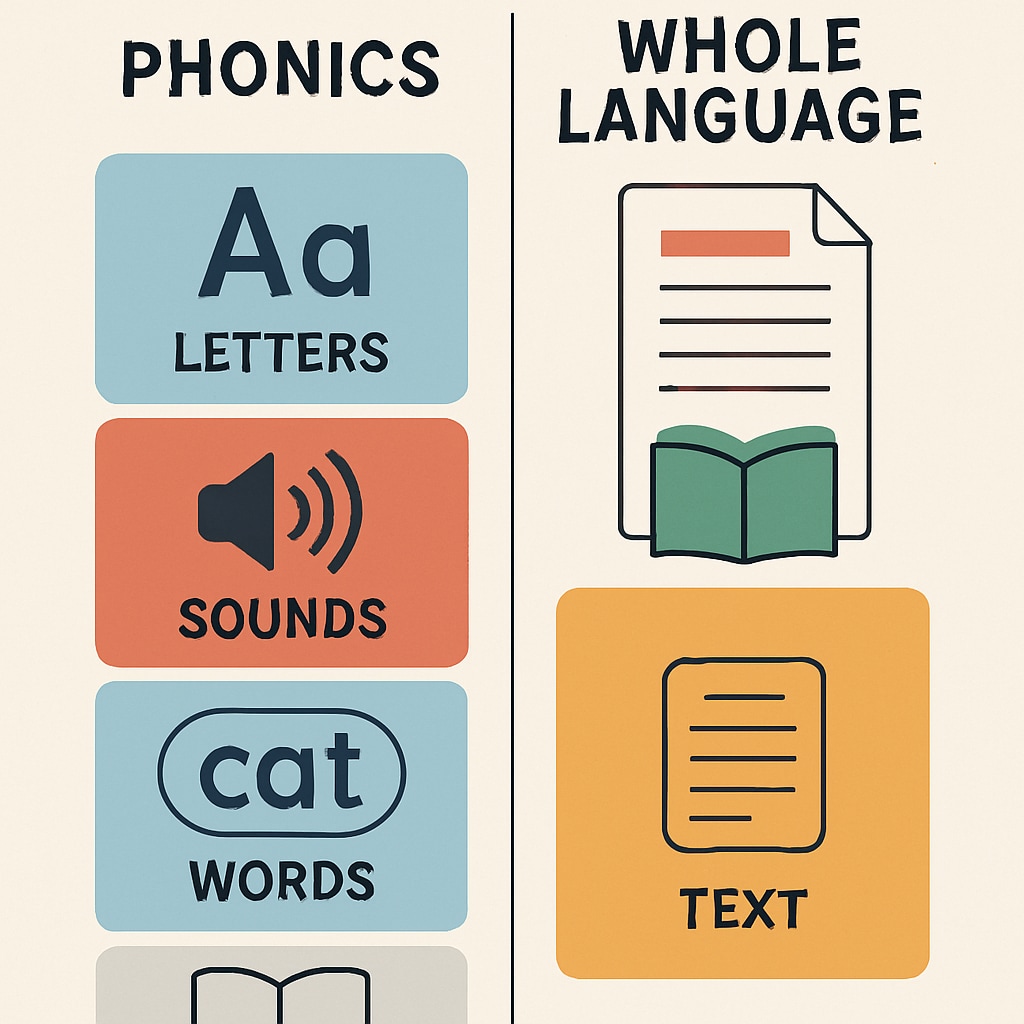 A visual comparison chart showing the structured steps of phonics versus the contextual focus of whole language. Chart comparing the phonics approach to the whole language method in reading education.