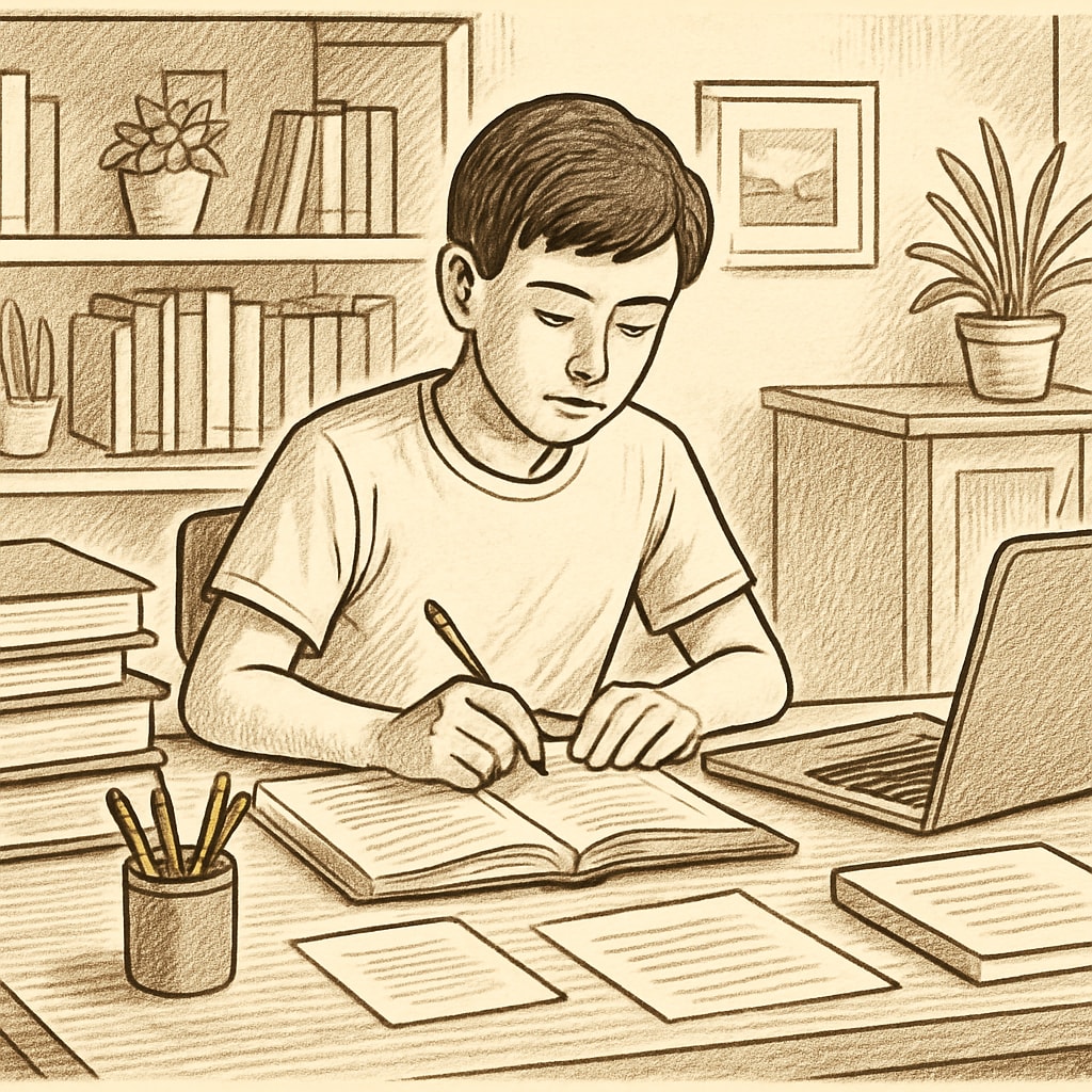 A student studying independently at home, showcasing the self-directed nature of online dual enrollment programs. A student working independently at home for an online dual enrollment program.