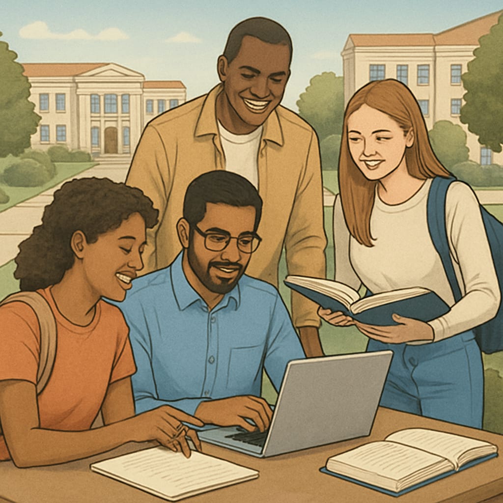 A diverse group of students collaborating on a university campus, representing the value of authenticity and trust in education. Students working together on a college campus, showcasing the importance of integrity.