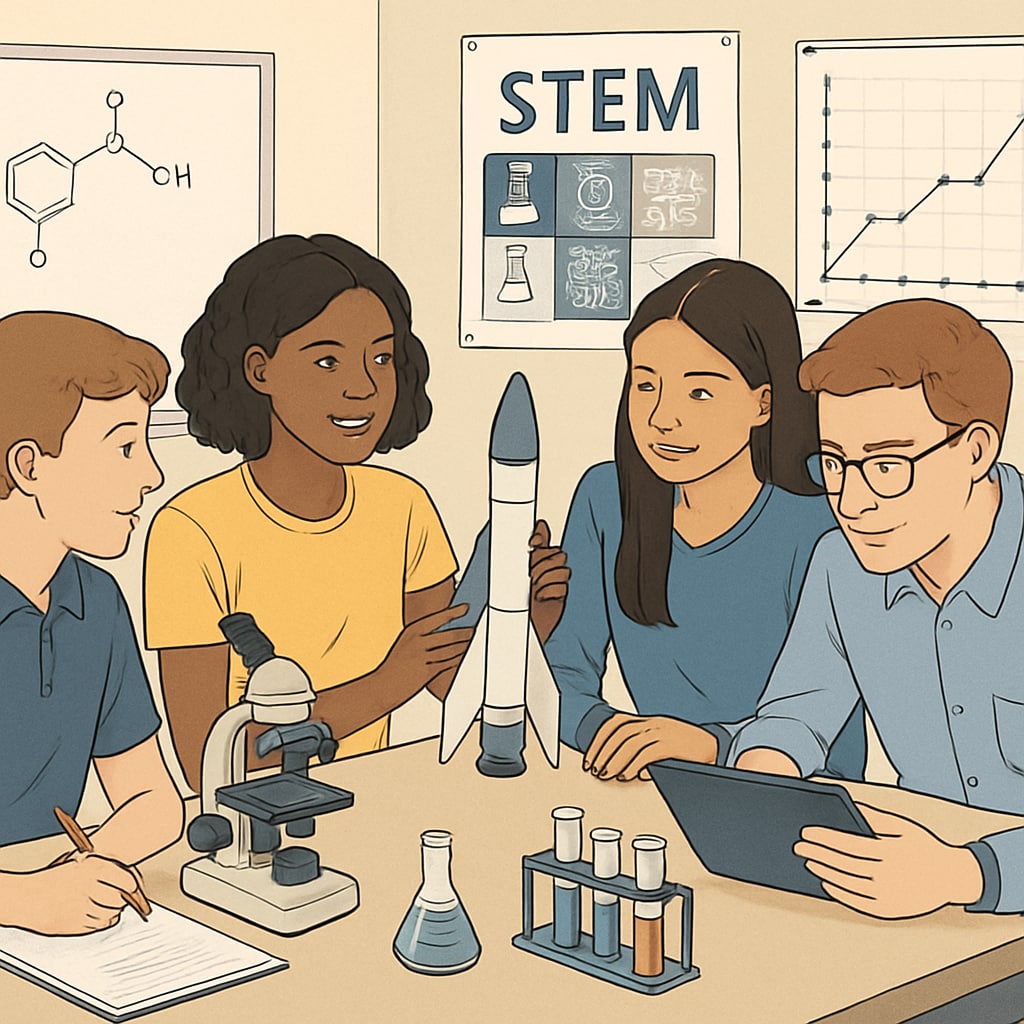 A group of high school students collaborating on a science project, symbolizing STEM education and career exploration. High school students working on STEM education projects and career exploration.