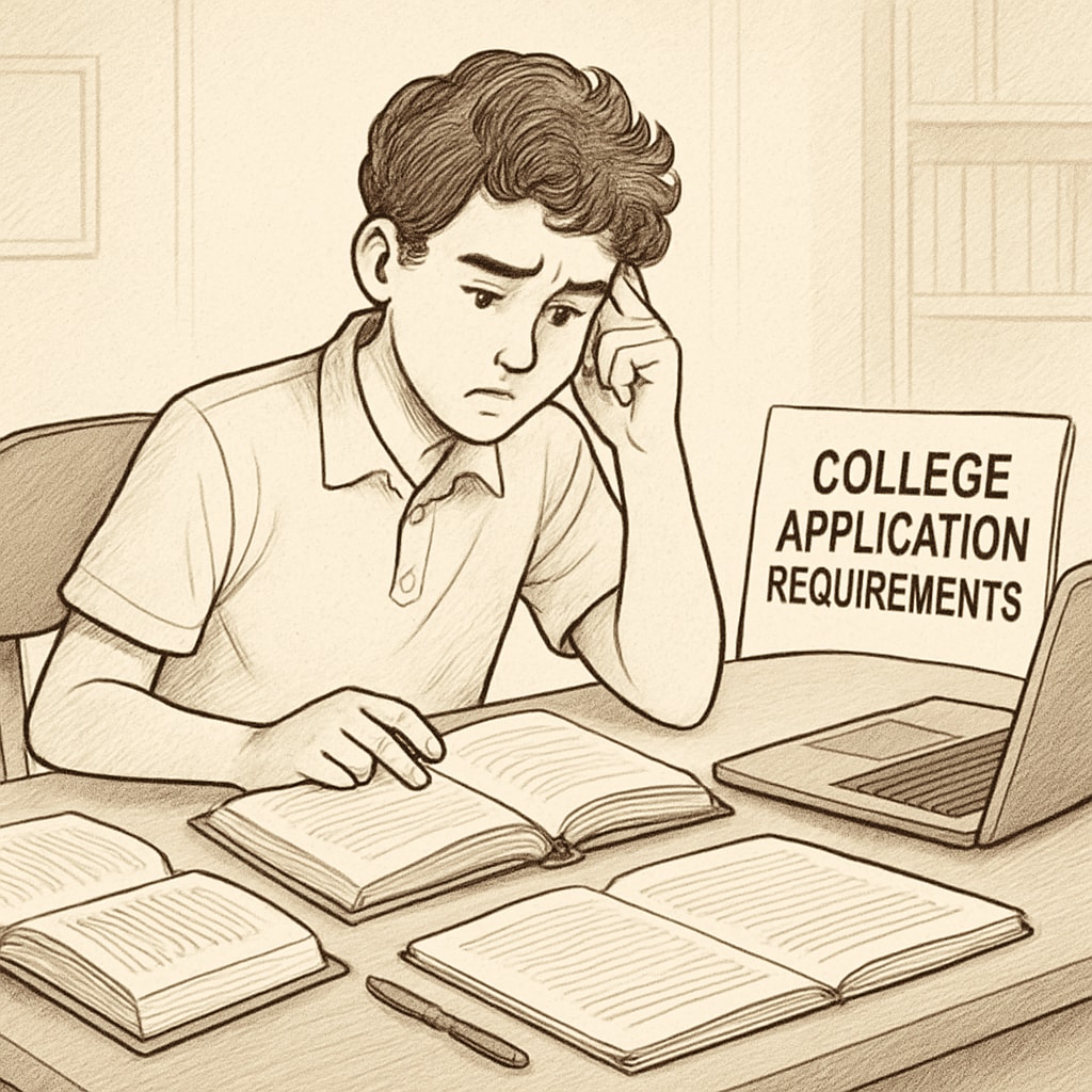 A high school student sitting at a desk with books and a laptop, appearing overwhelmed while researching college application requirements. A freshman student researching college application challenges with books and a laptop.