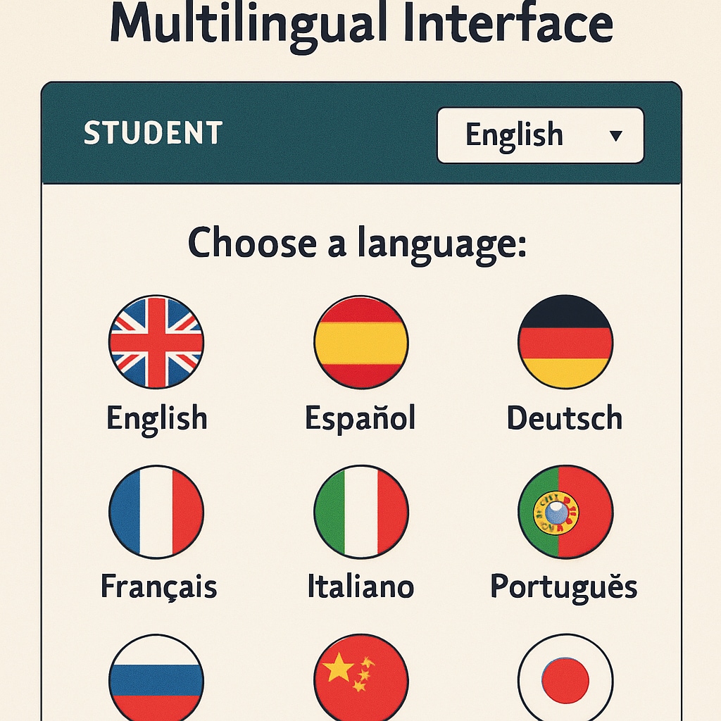 A screenshot of Gurwi's multilingual interface, showcasing various language options for students. Gurwi's multilingual interface featuring interactive learning tools.