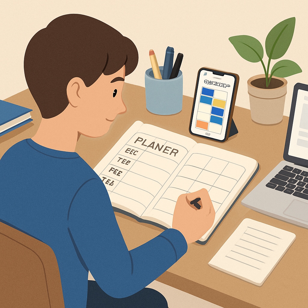 An illustration of a student organizing their schedule using a planner or digital app, highlighting time management practices. Time management, school curriculum, life skills illustration
