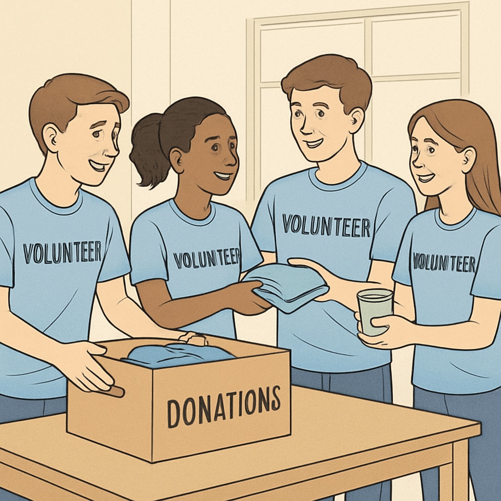 A group of high school students participating in a volunteer activity, showcasing teamwork and leadership. High school students engaged in teamwork and leadership activities for college preparation.