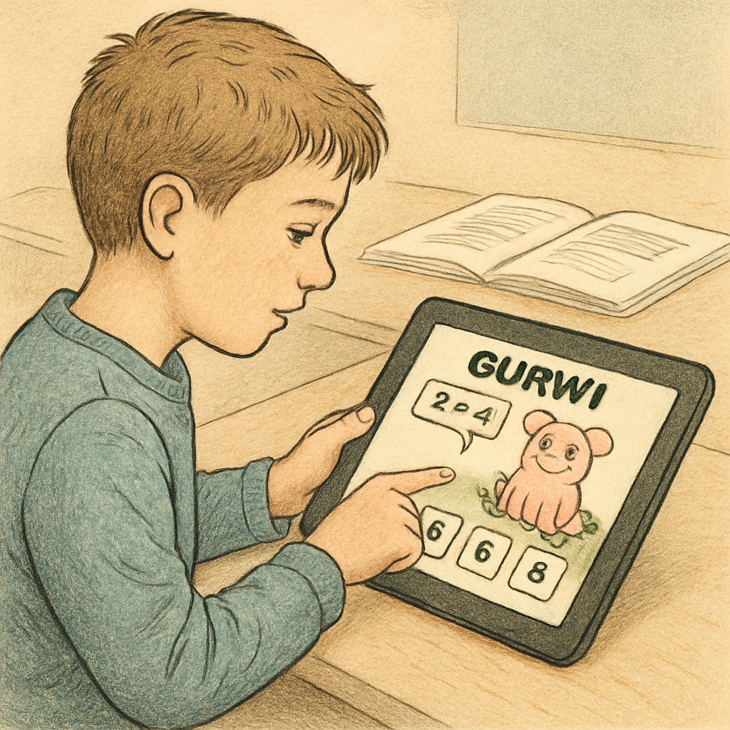 A student using Gurwi on a tablet, interacting with an educational game that reinforces learning concepts. Student actively engaging with Gurwi’s interactive learning tools on a tablet.