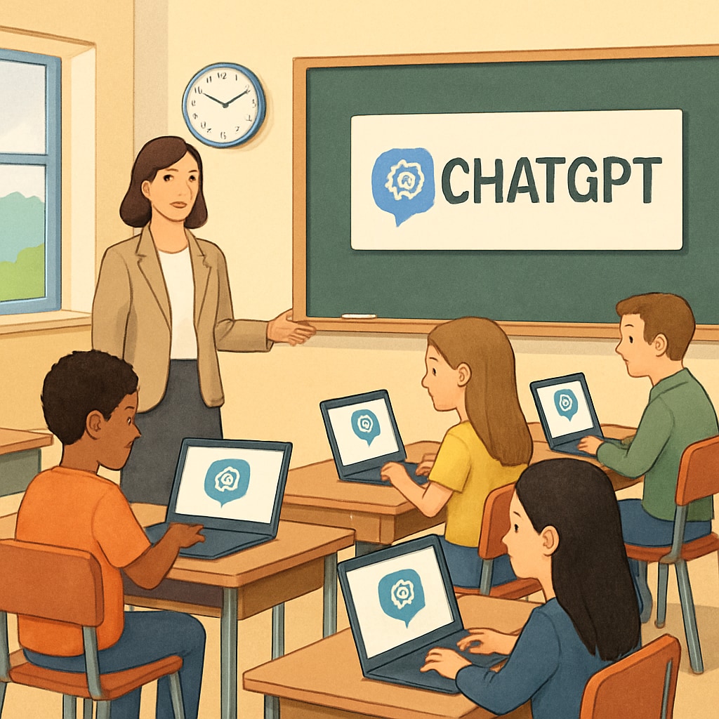 A classroom setting where students are interacting with laptops, symbolizing the use of AI tools like ChatGPT in education. Students using laptops in a classroom setting, showcasing AI integration in education.